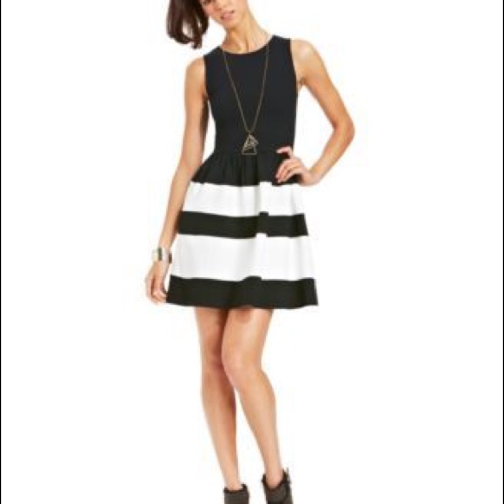 Black fit and flare striped dress